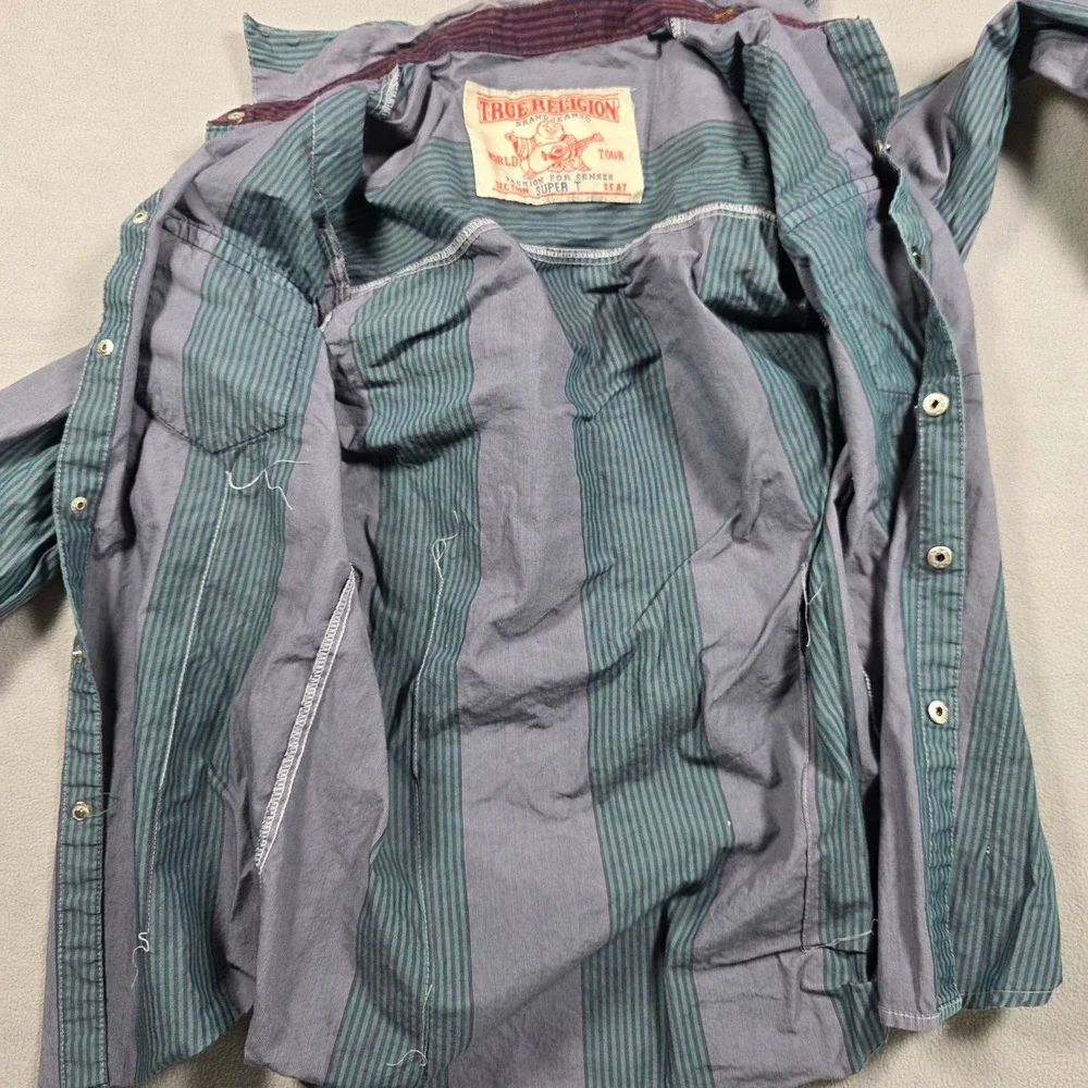 Vintage True Religion shirt Mens Small Grey Green Section Super T Striped